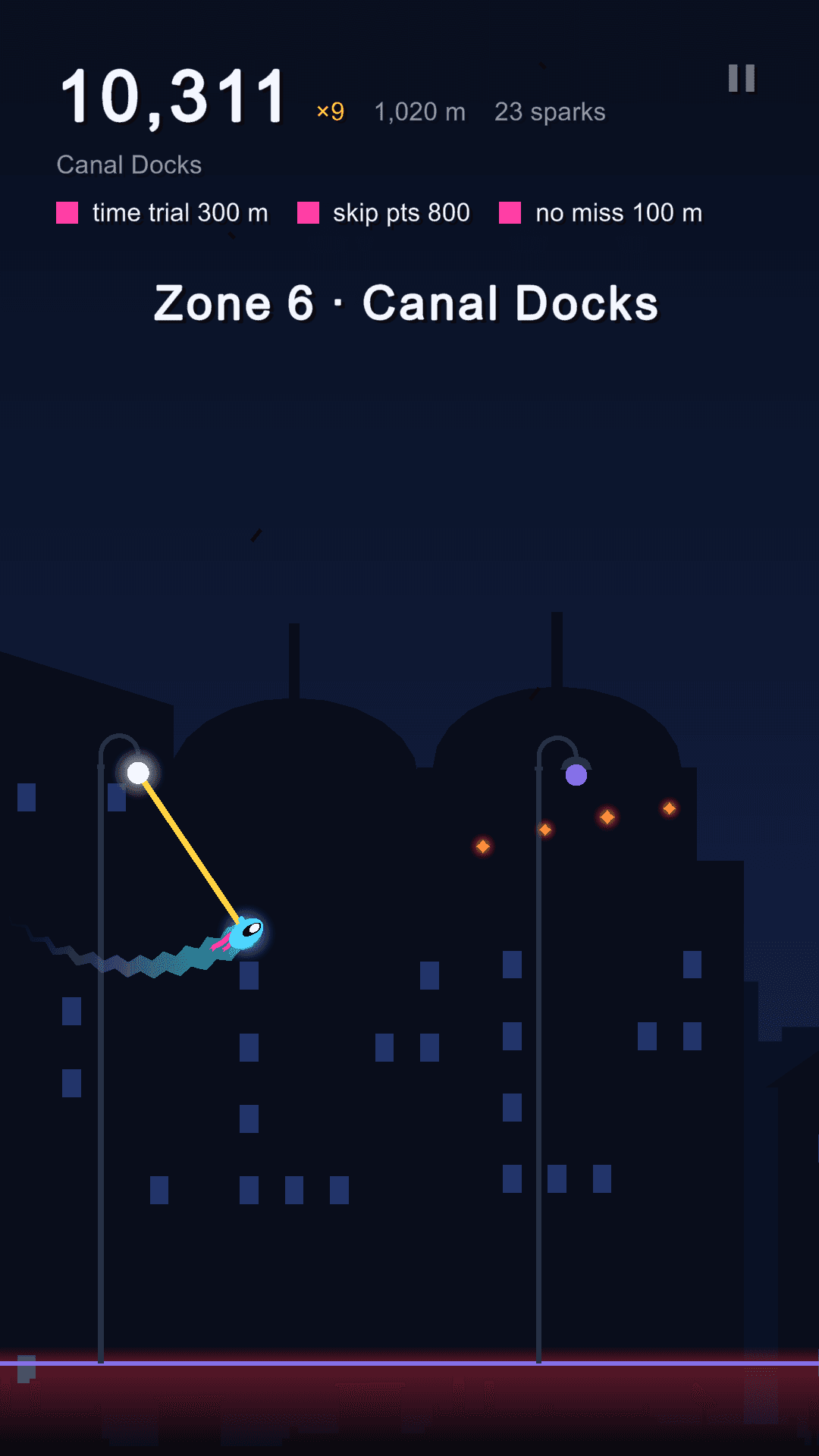 Latchline: Neon Swing: the robot on a gold rope in Canal Docks, the moment to let go