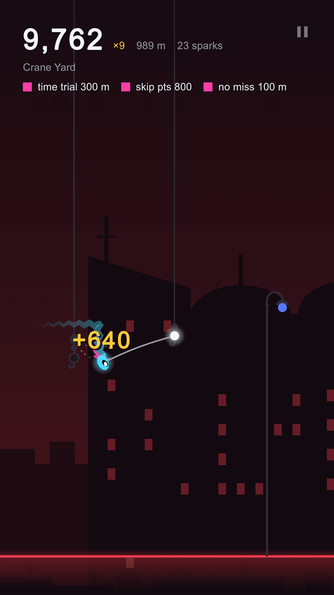 Latchline: Neon Swing: the robot flying past a light in Crane Yard, worth 640 points