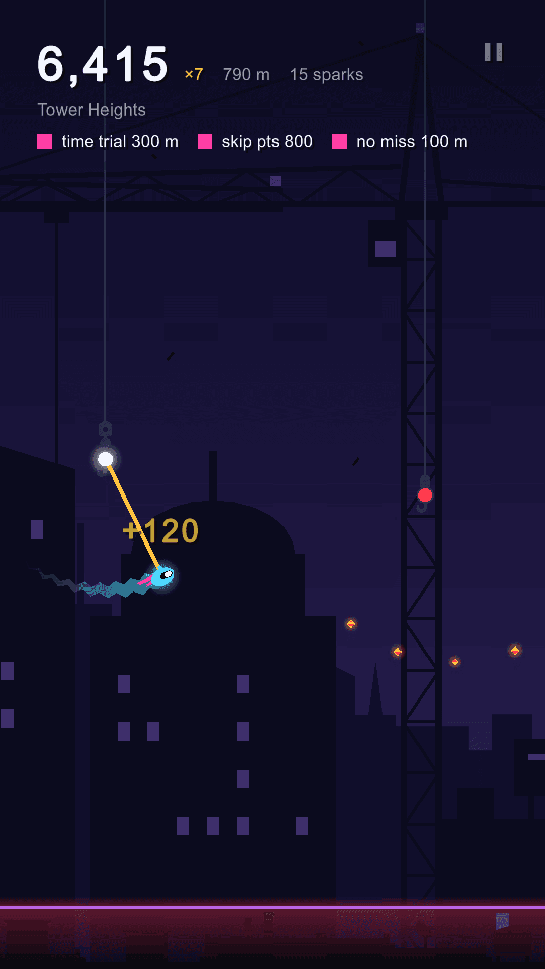 Latchline: Neon Swing: the robot hanging from a crane hook in Tower Heights, scoring 120 points