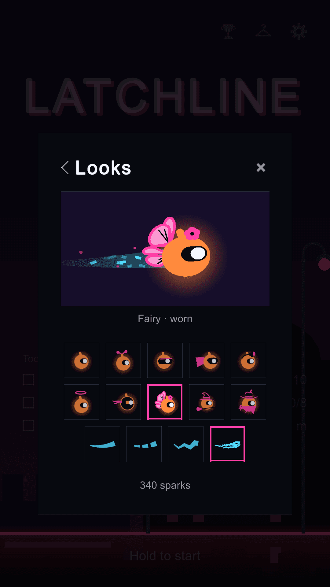 Latchline: Neon Swing: the Looks screen with the costumes and trails you can unlock