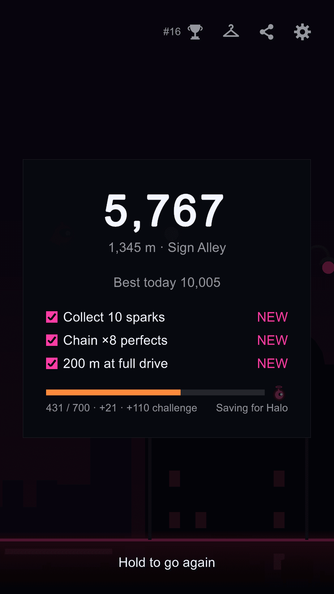 Latchline: Neon Swing: the result screen, 5,767 points and 1,345 m into Sign Alley, with three challenge steps cleared